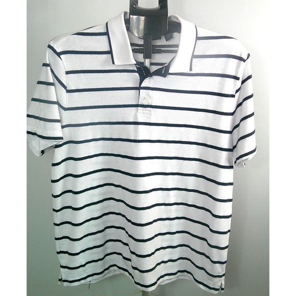 Perry Ellis Men's Large 1/4 Button Collare Shirt White and Navy Stripes - Picture 1 of 7